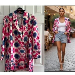 ZARA Abstract Tie Dye Satin Wrap Blazer in Pink Blue size S